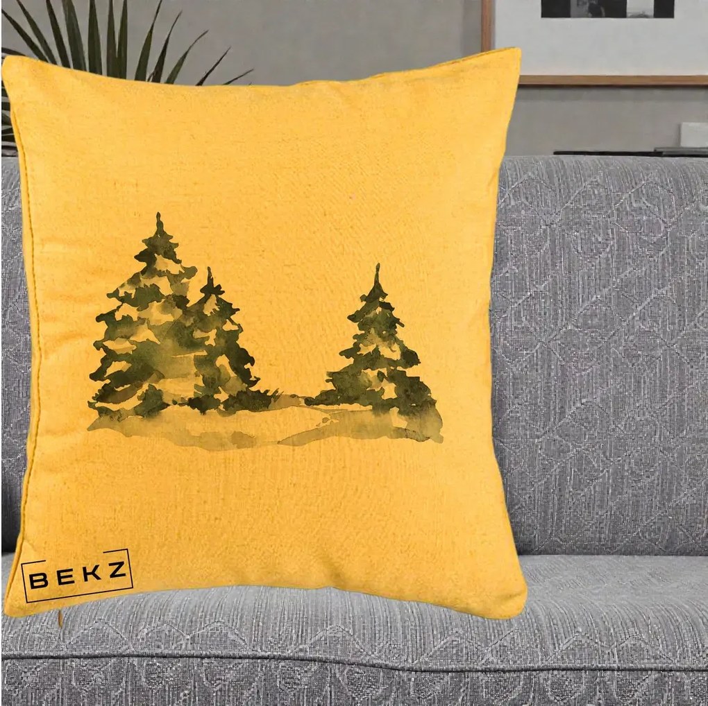 Perna Decorativa Brazi Inzapeziti Acuarela, 40x40 cm, Galben, Husa Detasabila, Perna Inclusa, BEKZ®