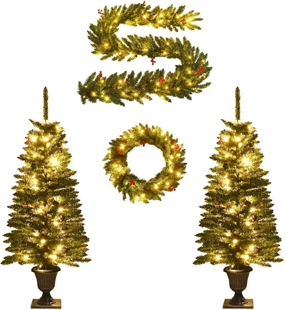 vidaXL Brazi de Crăciun artificiali, 2 buc., coroană, ghirlandă și LED
