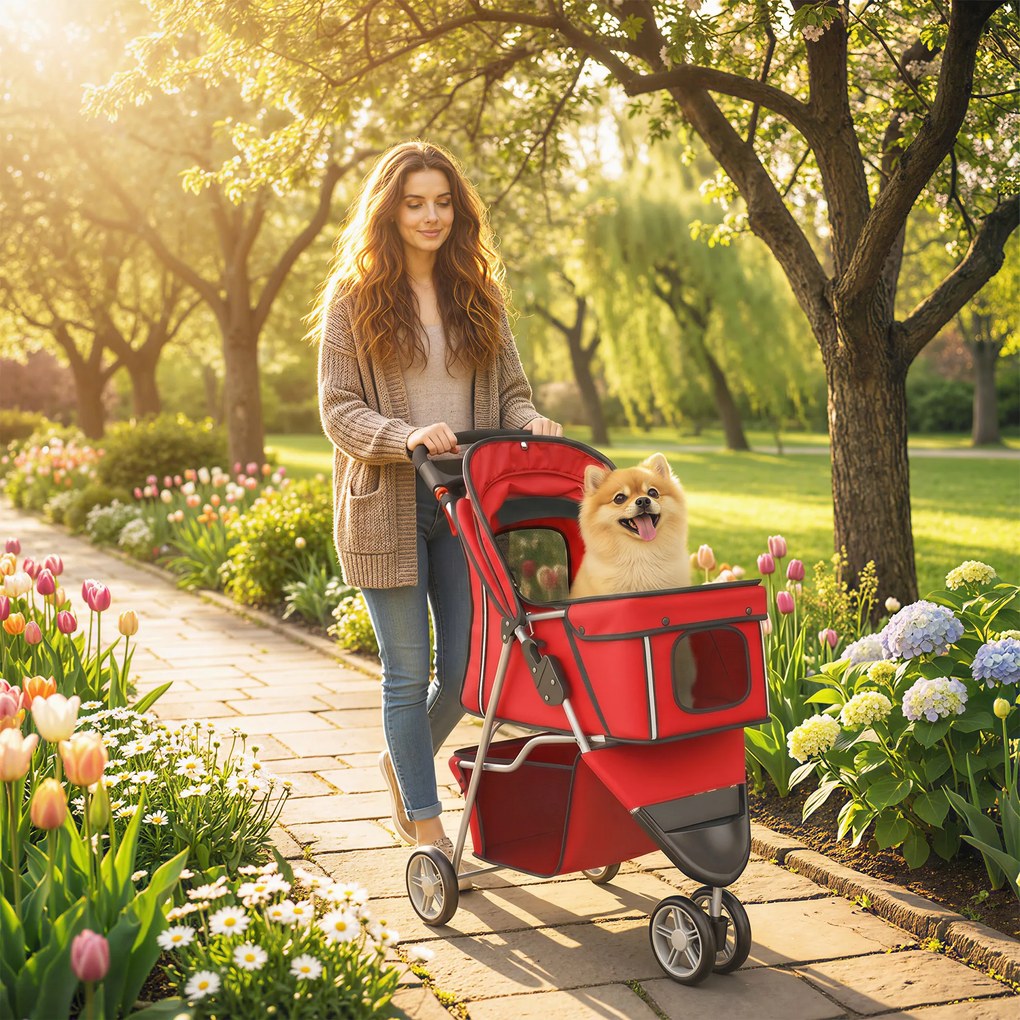 PawHut Cărucior Pliabil pentru Câini Mici, cu Suport pentru Pahar și Coș de Depozitare, până la 10 kg, Roșu | Aosom Romania