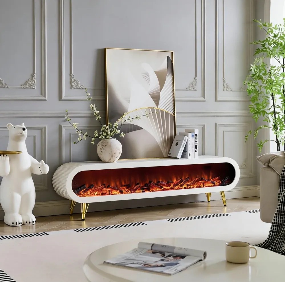 Șemineu electric cu efect LED realist, Comodă TV cu design oval, control vocal și telecomandă, fără încălzire, 180 cm, Alb