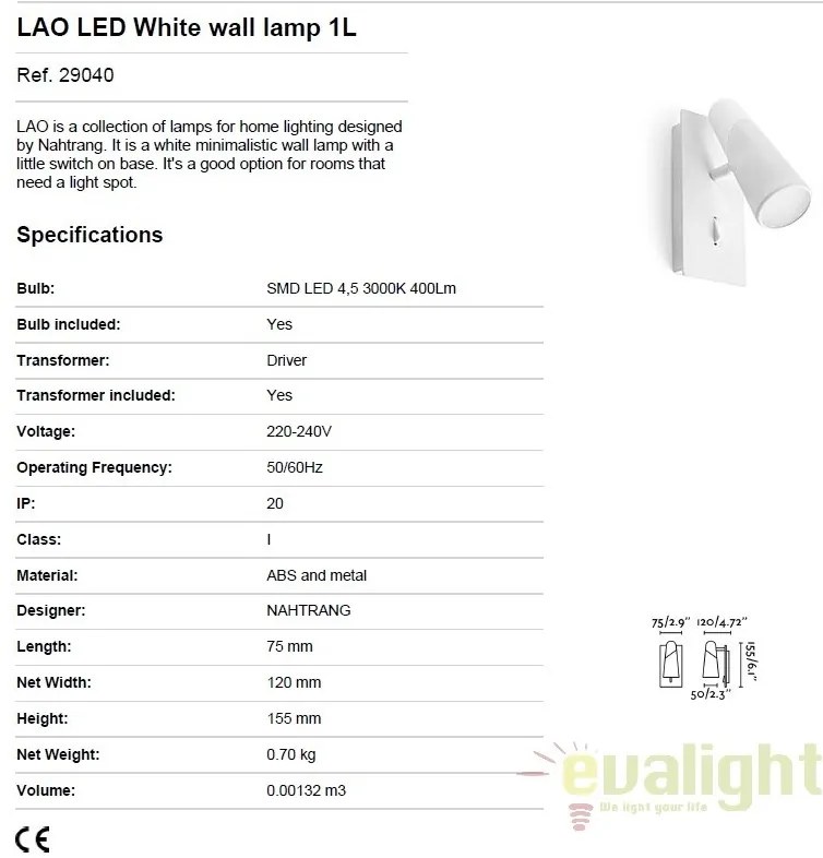 Aplica LED moderna cu 1 spot LAO alb 29040