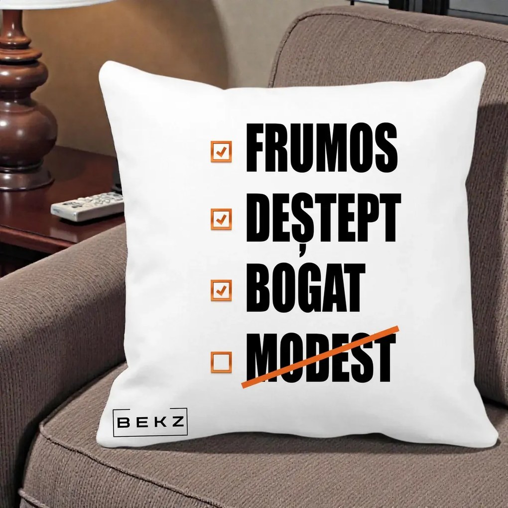 Perna Decorativa Frumos Destept Bogat, 40x40 cm, Alba Mata, Husa Detasabila, Perna Inclusa, BEKZ®