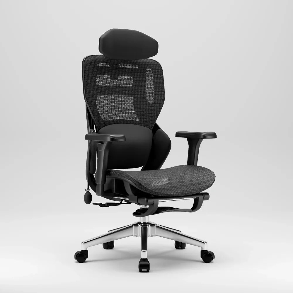 MONZA E16 Executive – Scaun Ergonomic Premium, Reglaje Avansate, Suport Lombar Reglabil pe Înălțime, Tetieră Reglabilă, Cotiere 3D, Șezut Extensibil, Reclinare 135°, Suport pentru Picioare și Bază Metalică, Mesh, Negru