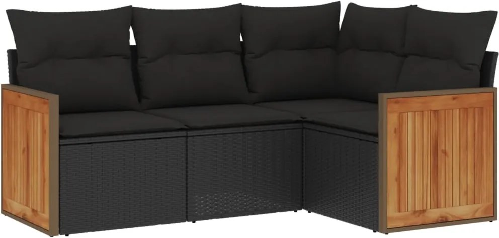 vidaXL Set mobilier de grădină cu perne, 4 piese, negru, poliratan