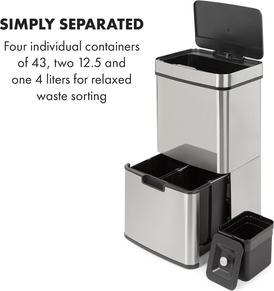 Klarstein Touchless, coș de gunoi, cu senzor, 72 de litri, 4 recipiente, ABS/PP/oțel inoxidabil