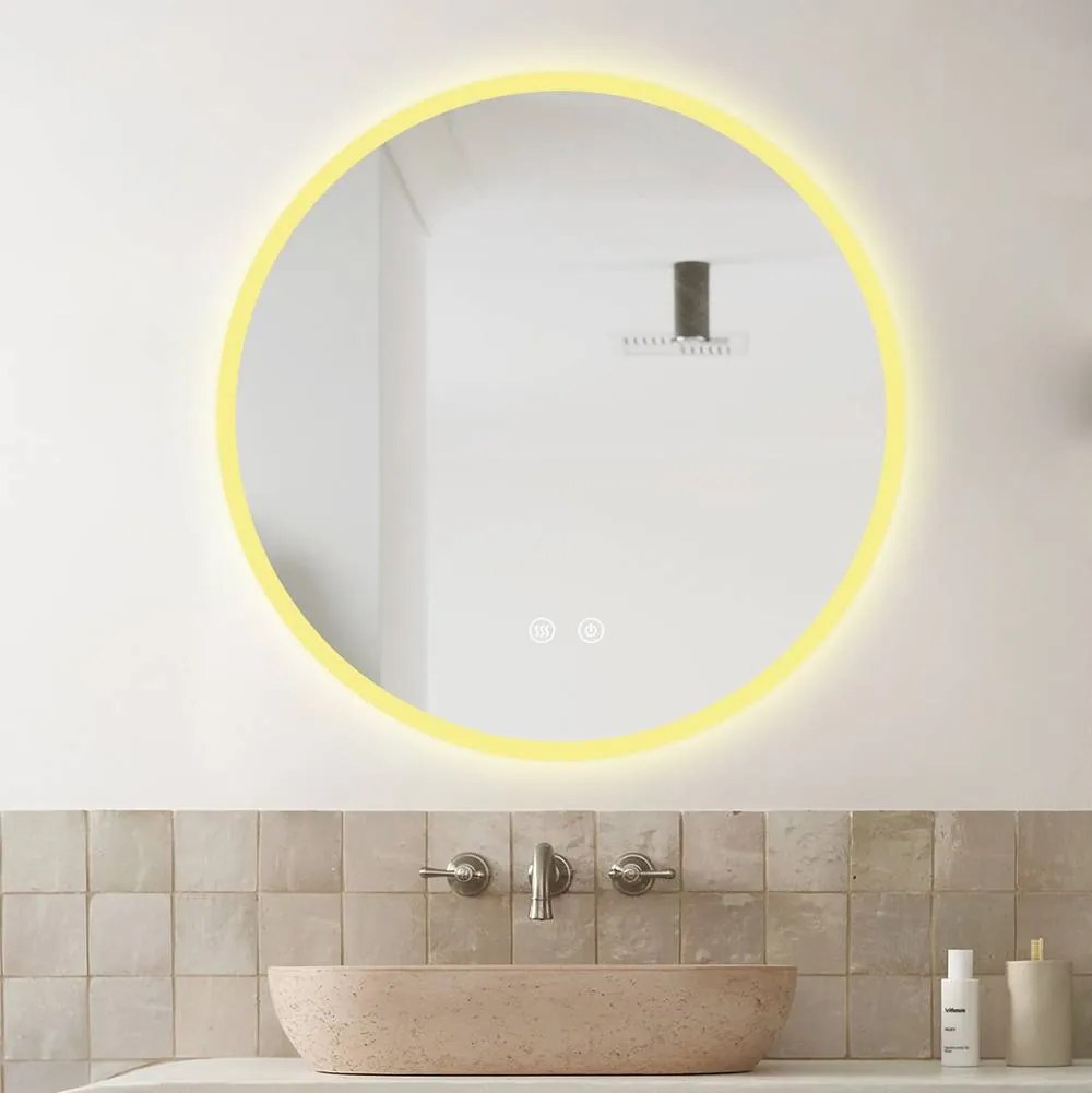 Oglindă LED Rotundă (Diametru 50 cm), 3 Moduri Iluminare (Lumină Rece, Naturală, Caldă), Intensitate Reglabilă, Funcție Dezaburire, Ramă Luminosă, Control Tactil (Touch)