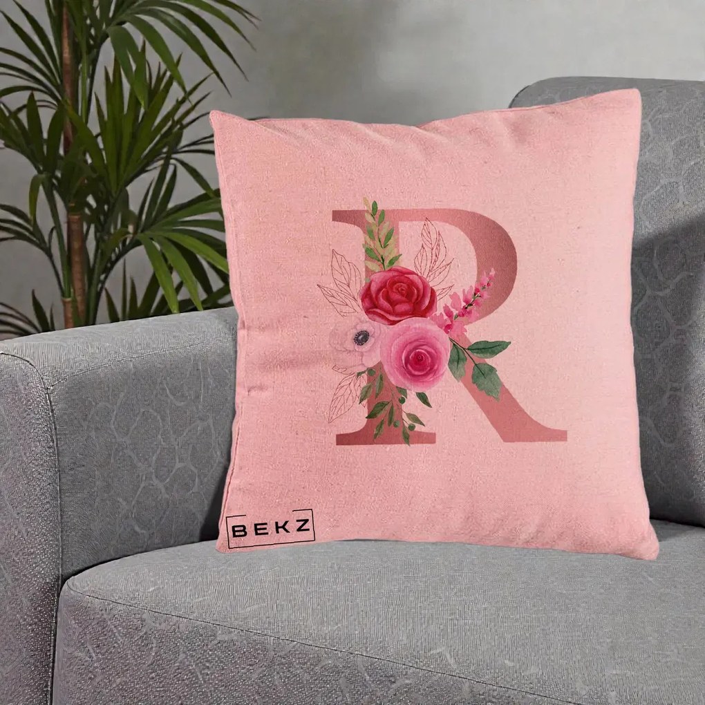 Cadou Personalizat - Perna Personalizata Monograma Rose Gold Litera R, 40x40 cm, Roz, Husa Detasabila, Perna Inclusa, BEKZ®
