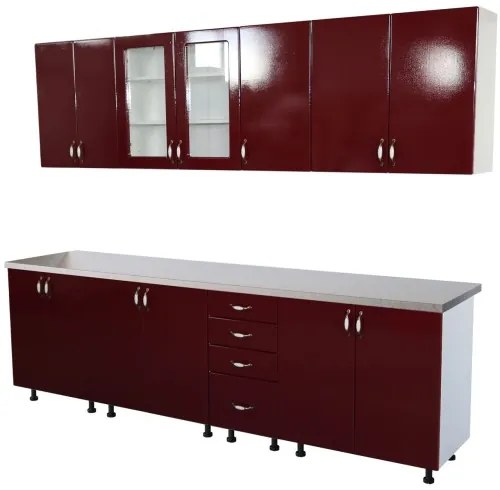 Bucatarie Zebra 260 cm din MDF Rosu Simplu cu blat termoizolant gri