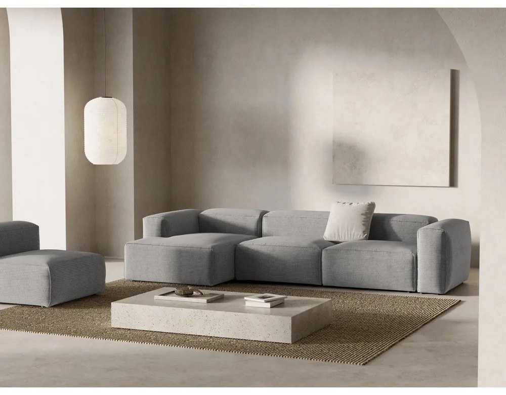 Colțar gri deschis cu tapițerie din catifea reiată (cu colț pe partea stângă/cu șezlong) Bergamo – Cosmopolitan Design