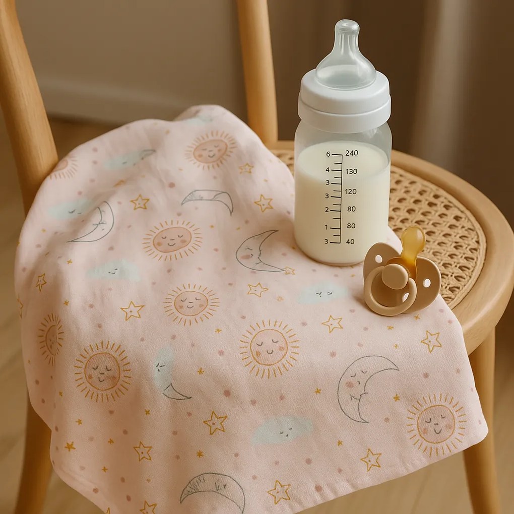 Set 2 scutece finet 100% bumbac pentru bebelusi , 70A 80 cm , Happy Skies Rose Moon Stars