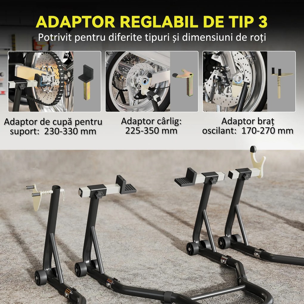 HOMCOM Set de 2 Suporturi Reglabile pentru Motocicletă, Tip Triunghi, din Oțel, Negru | Aosom Romania