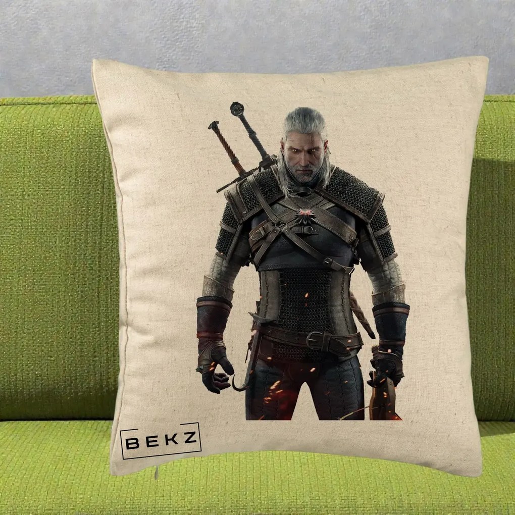 Perna Personalizata The Witcher Geralt of Rivia Portret, 40x40 cm, Bej, Husa Detasabila, Perna Inclusa, BEKZ®