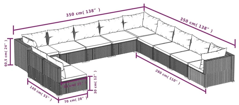Set mobilier de gradina cu perne, 11 piese, negru, poliratan Negru, 3x colt + 8x mijloc, 1
