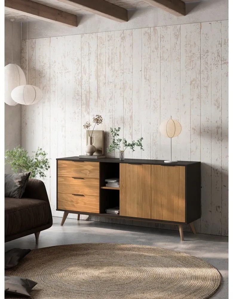 Comodă negru/natural joasă din lemn de pin 165x80 cm Lavis – Marckeric