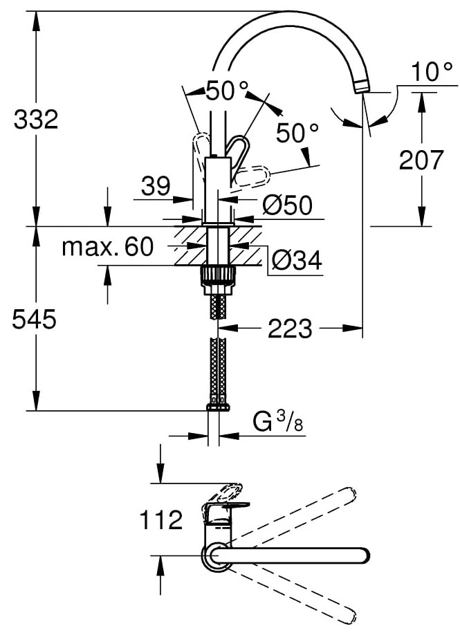 Baterie spalator bucatarie Grohe Bauflow,cartus ceramic, pipa pivotanta,crom-31538001