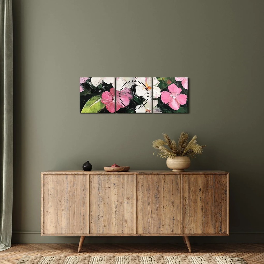 Tablou - Flori roz și albe (cu ceas) (90x30 cm)