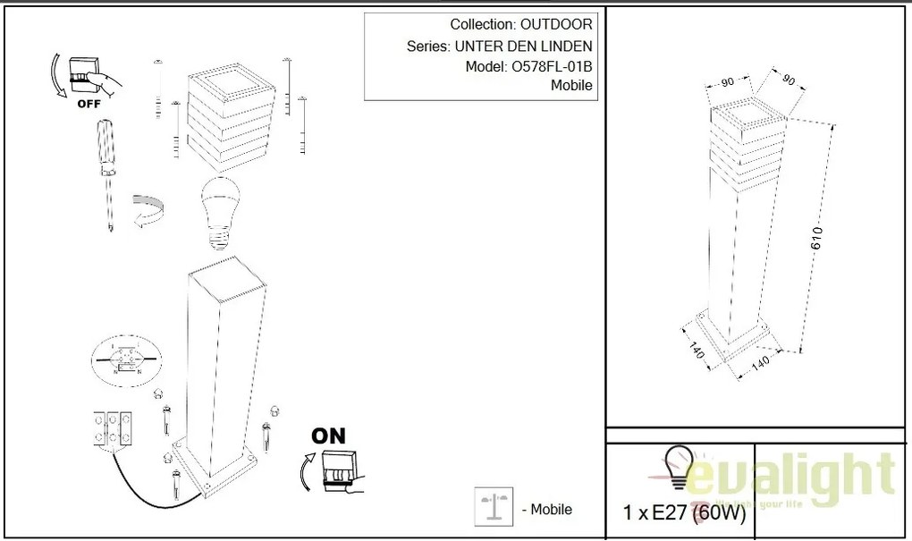 Stalp de exterior cu protectie IP54, Unter den Linden H-61cm MYO578FL-01B