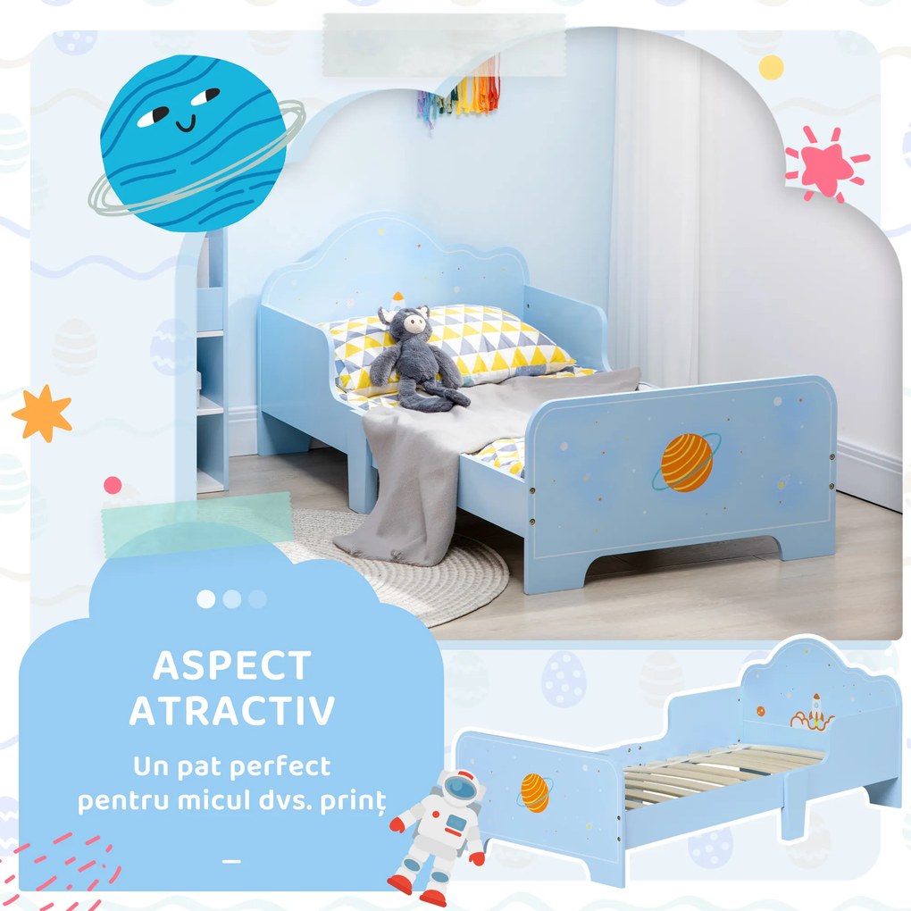 ZONEKIZ Pat pentru Copii cu Decor Spațial, Pătuț pentru Copii cu Vârsta 3-6 Ani, 143x74x59 cm, Albastru Deschis | Aosom Romania