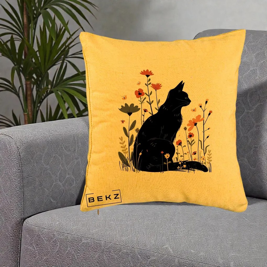 Perna Decorativa Pisica Neagra Profil Flori Portocalii, 40x40 cm, Galben, Husa Detasabila, Perna Inclusa, BEKZ®