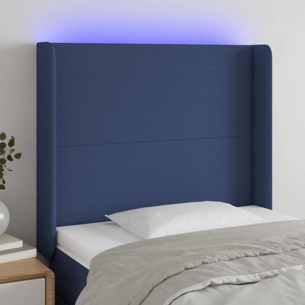 3123764 vidaXL Tăblie de pat cu LED, albastru, 103x16x118/128 cm, textil