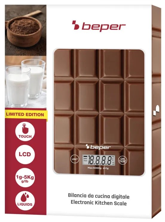 Cantar de bucatarie Beper P102BIL002, Pana la 5 kg, g/lb, Afisaj LCD, TAPA, Auto-off, Maro