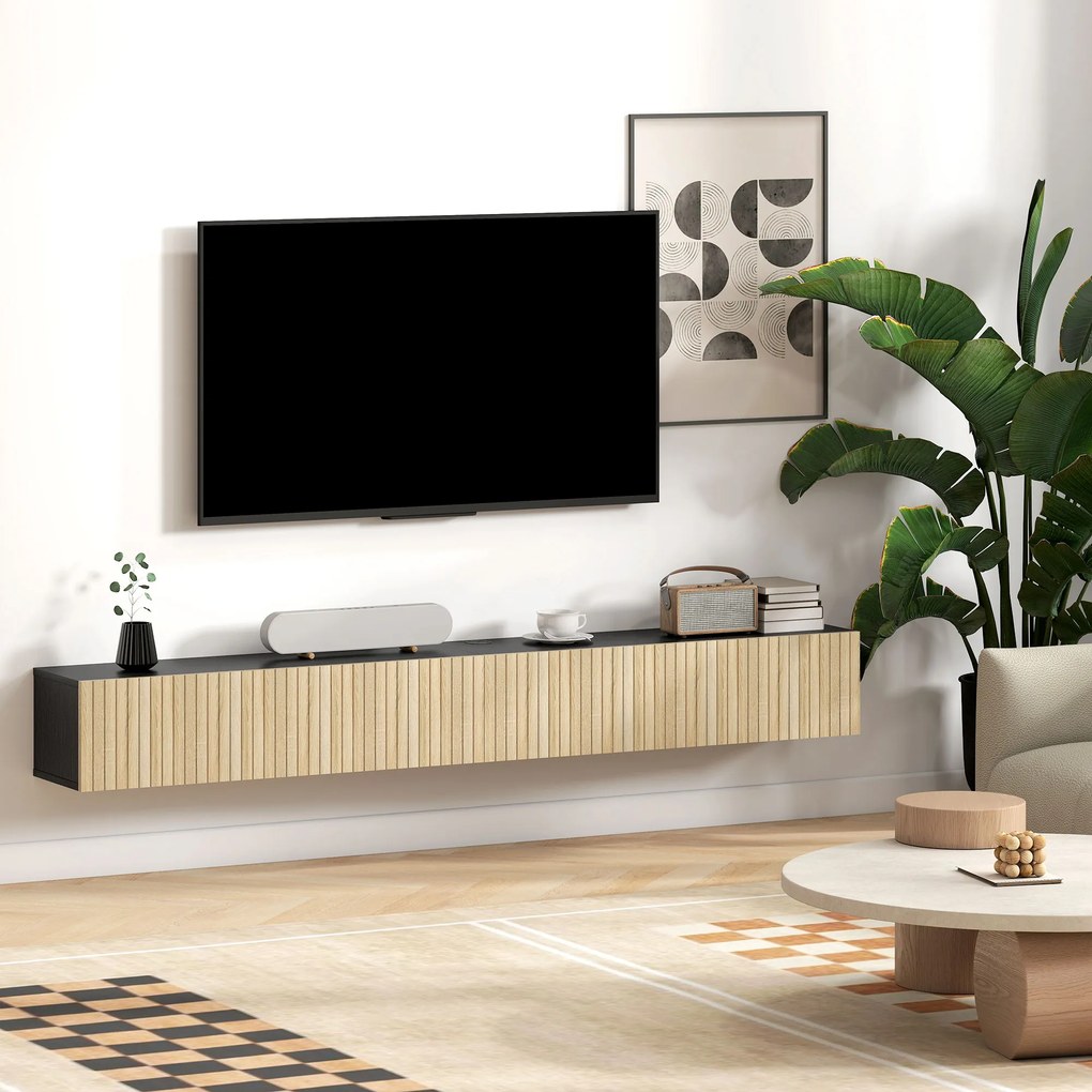 HOMCOM Comodă TV suspendată 140 cm, mobilier TV pentru televizoare 182,88 cm, 2 uși rabatabile, 140x25x22cm, lemn natural și negru | Aosom Romania