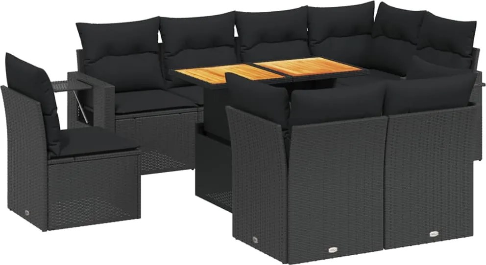 vidaXL Set mobilier de grădină cu perne, 9 piese, negru, poliratan