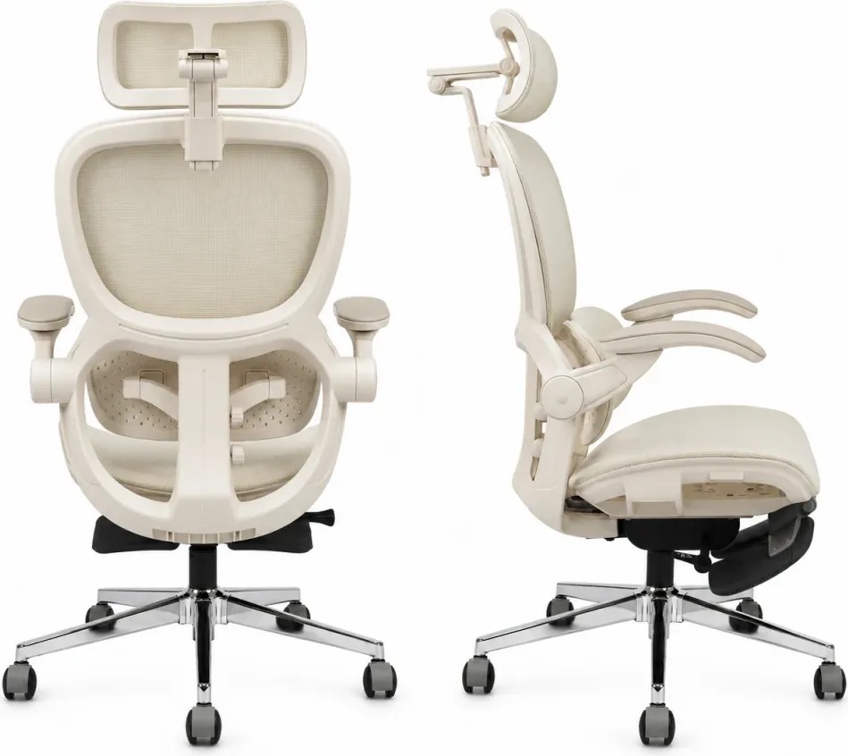 Scaun ergonomic MORATTI D5, Suport lombar dual 360°, Tetieră 4D, Șezut Zero-Pressure Frameless Mesh, Cotiere Flip-Back 4 poziții, Reclinare 135°, Suport picioare, Bej