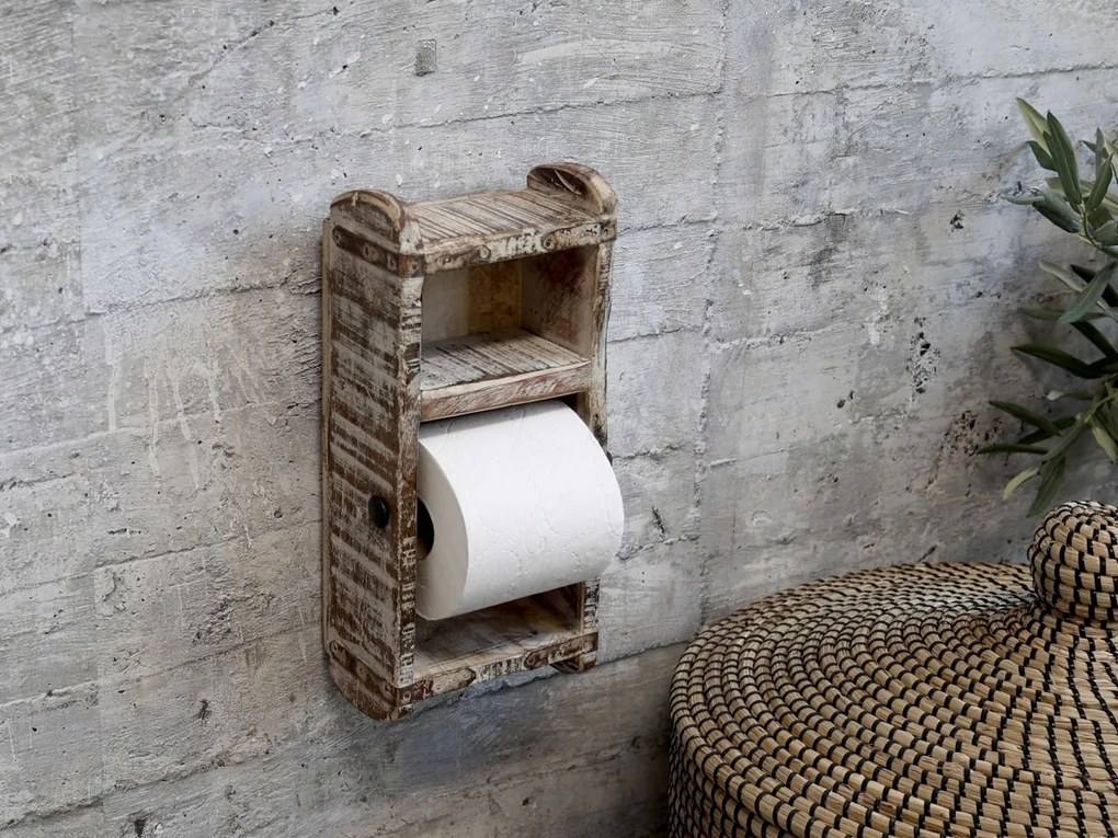 Suport pentru rola de toaleta, alb, din lemn reciclat, Grimaud