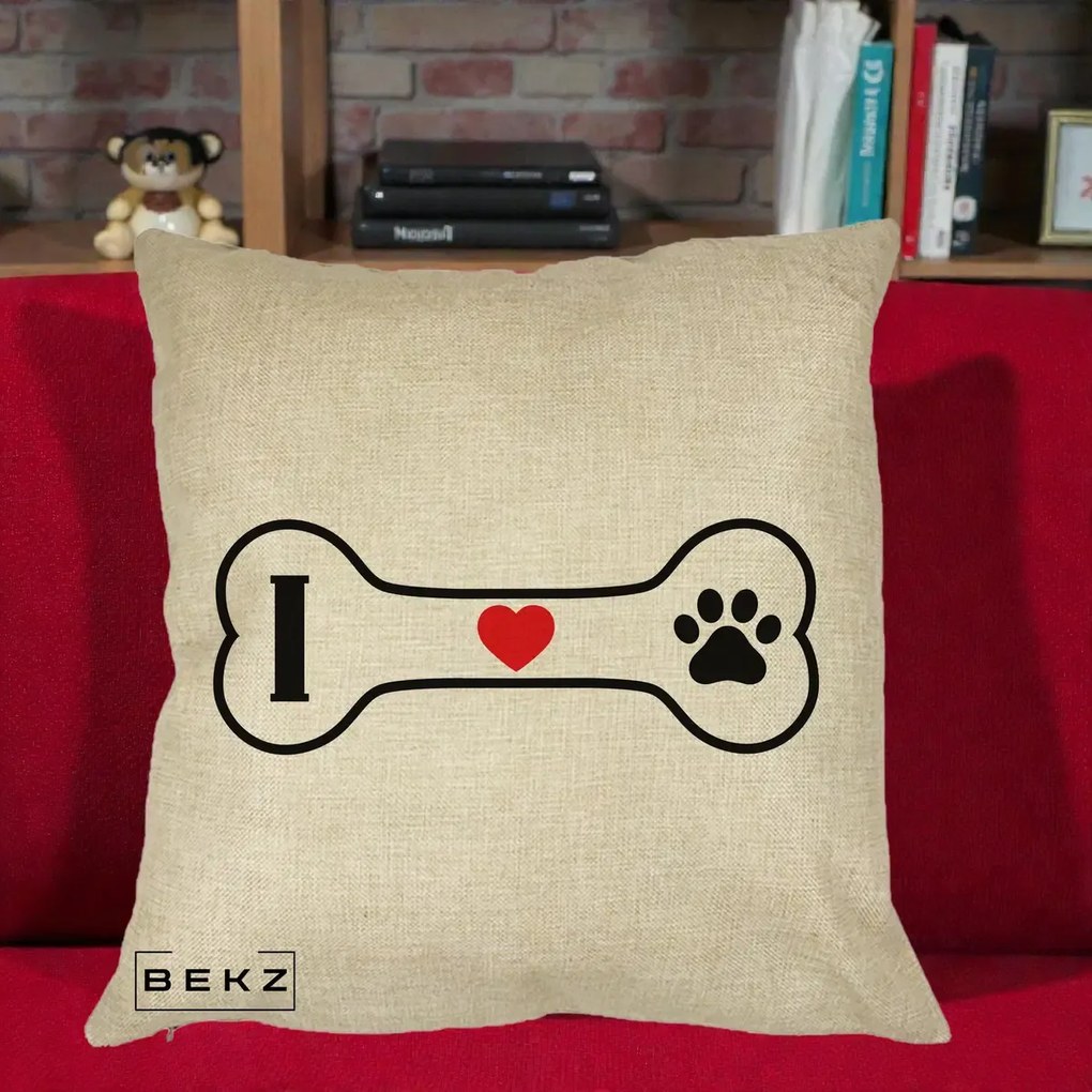 Perna Personalizata I Love Dog Os si Labuta, 40x40 cm, Crem, Husa Detasabila, Perna Inclusa, BEKZ®