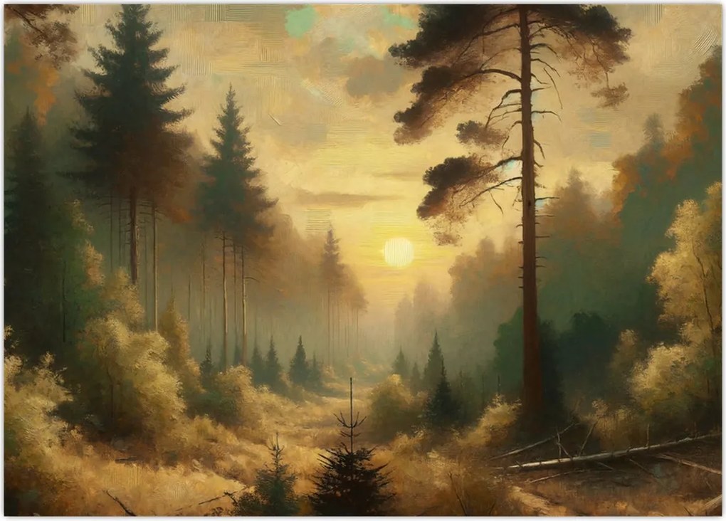 Tablou pe sticlă - Soare strălucind prin pădure (70x50 cm)