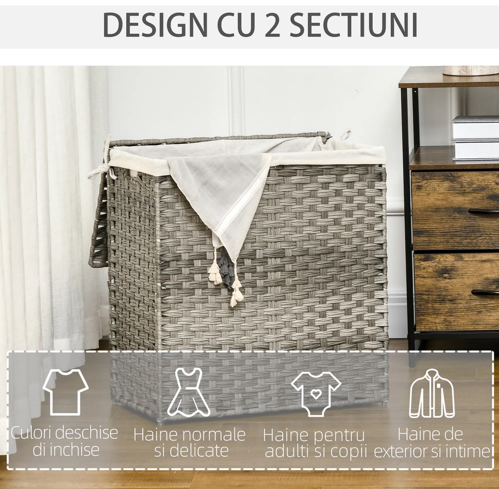 HOMCOM Cos de rufe din ratan cu capac, cos de rufe 100 litri cu 2 sectiuni si geanta detasabila lavabila | AOSOM RO