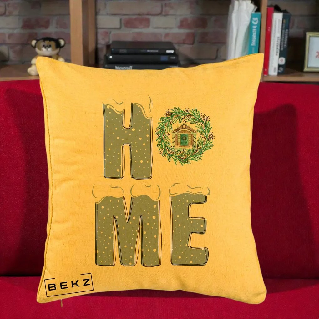 Perna Decorativa HOME Iarna cu Coroana, 40x40 cm, Galben, Husa Detasabila, Perna Inclusa, BEKZ®