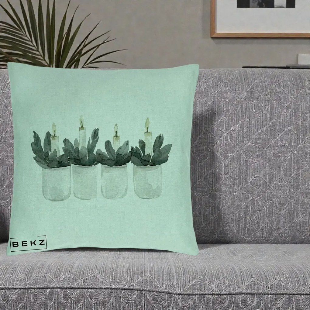 Perna Decorativa Lumanari in Borcane cu Eucalipt, 40x40 cm, Verde Menta, Husa Detasabila, Perna Inclusa, BEKZ®