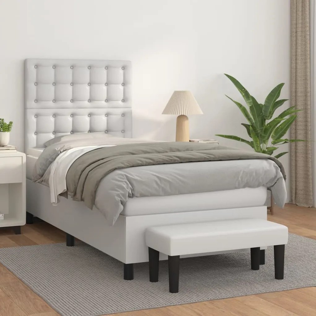 vidaXL Pat box spring cu saltea, alb, 100x200 cm, piele ecologică