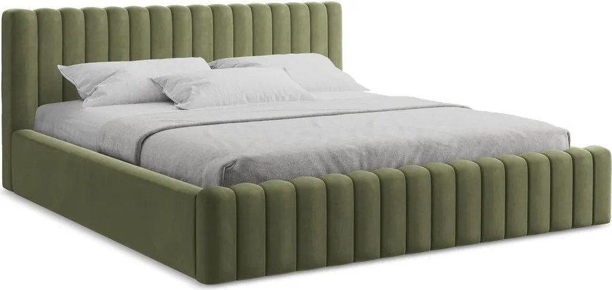 Pat matrimonial verde tapițat cu spațiu de depozitare cu somieră 180x200 cm Lemi – Makamii