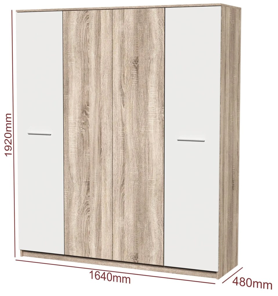Dormitor Luiza 4U5P, culoare sonoma / alb, cu pat standard 140 x 200 cm, dulap cu 4 usi, comoda si 2 noptiere