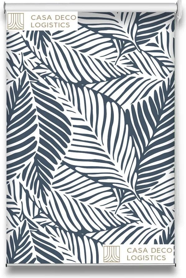 Roletă textilă Floral 8015 albă cu frunze tropicale gri
