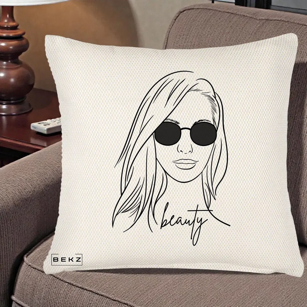Perna Decorativa Beauty Girl Line Art, 40x40 cm, Crem Reliefat, Husa Detasabila, Perna Inclusa, BEKZ®