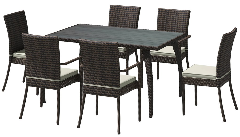 Outsunny Set Mobilier de Extern in PE Rattan Masa de Pranz in Lemn cu 6 Scaune cu Perne, Maro