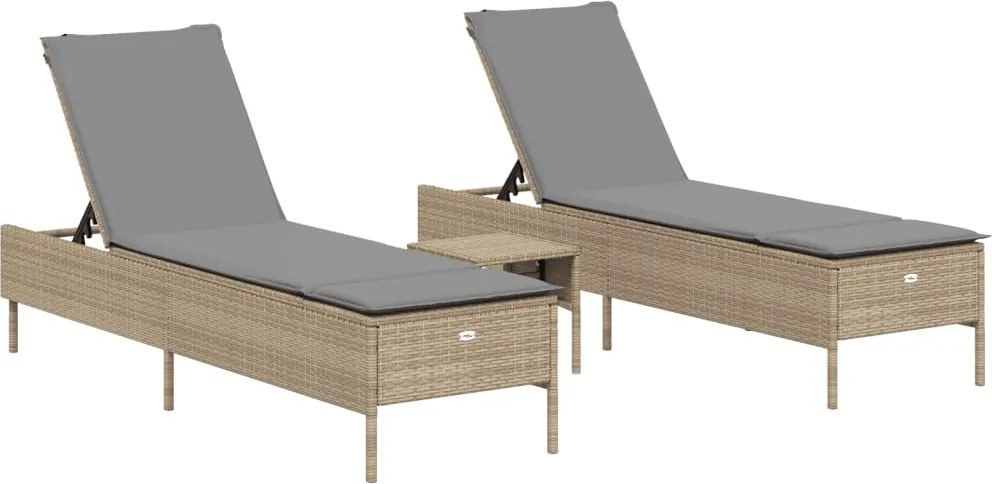 vidaXL Set de șezlonguri, 3 piese, cu pernă, poliratan bej