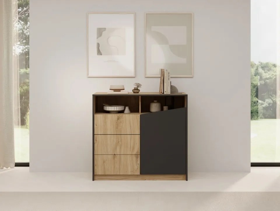 Comodă cu usa si trei sertare, 100x40x91 cm, Atson, ADRK Furniture (Culoare: Stejar / Gri Bej)