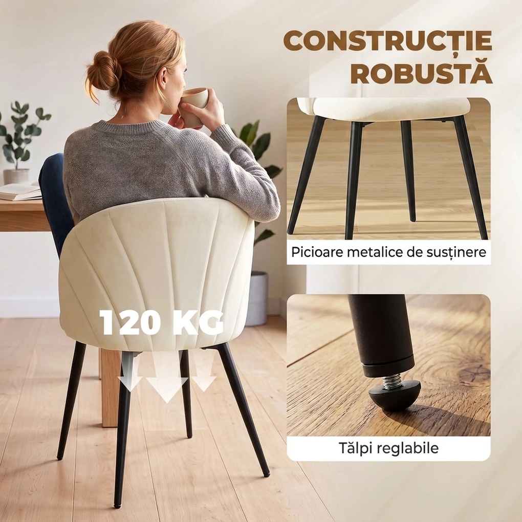 HOMCOM Set 2 Scaune Dining cu Spătar Tip Scoică și Picioare Metalice, Catifea, Crem | Aosom Romania