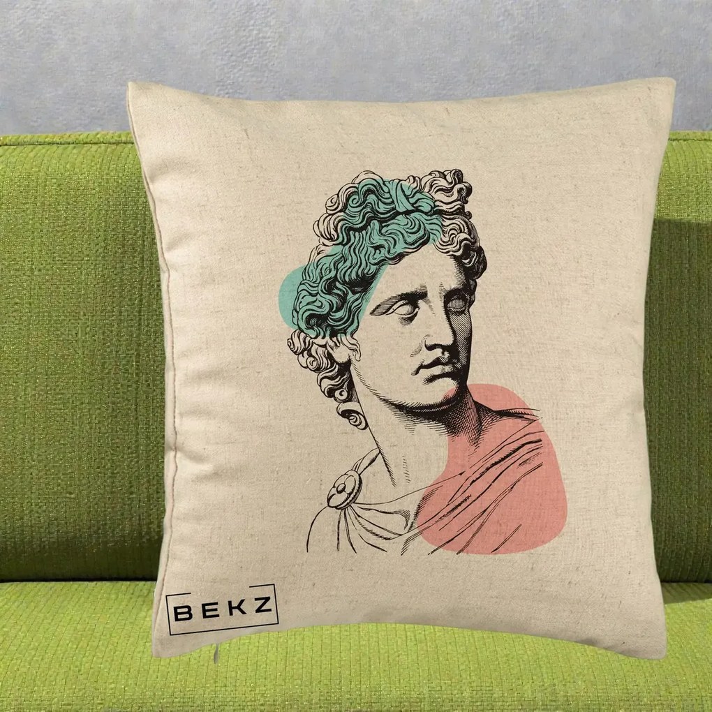 Perna Decorativa Bust Grec Vaporwave, 40x40 cm, Bej, Husa Detasabila, Perna Inclusa, BEKZ®