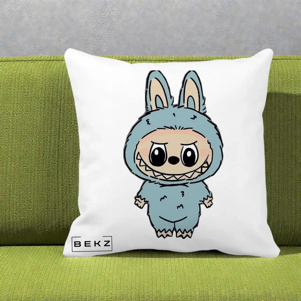 Perna Personalizata Labubu Albastru-Gri Solo, 40x40 cm, Alba Mata, Husa Detasabila, Perna Inclusa, BEKZ®