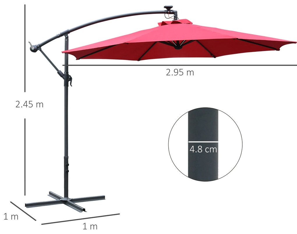 Outsunny Umbrelă de Grădină Roșu Închis cu Manivelă și Iluminat LED Solar, Rezistentă la Apă și UV, Φ295x245cm | Aosom Romania