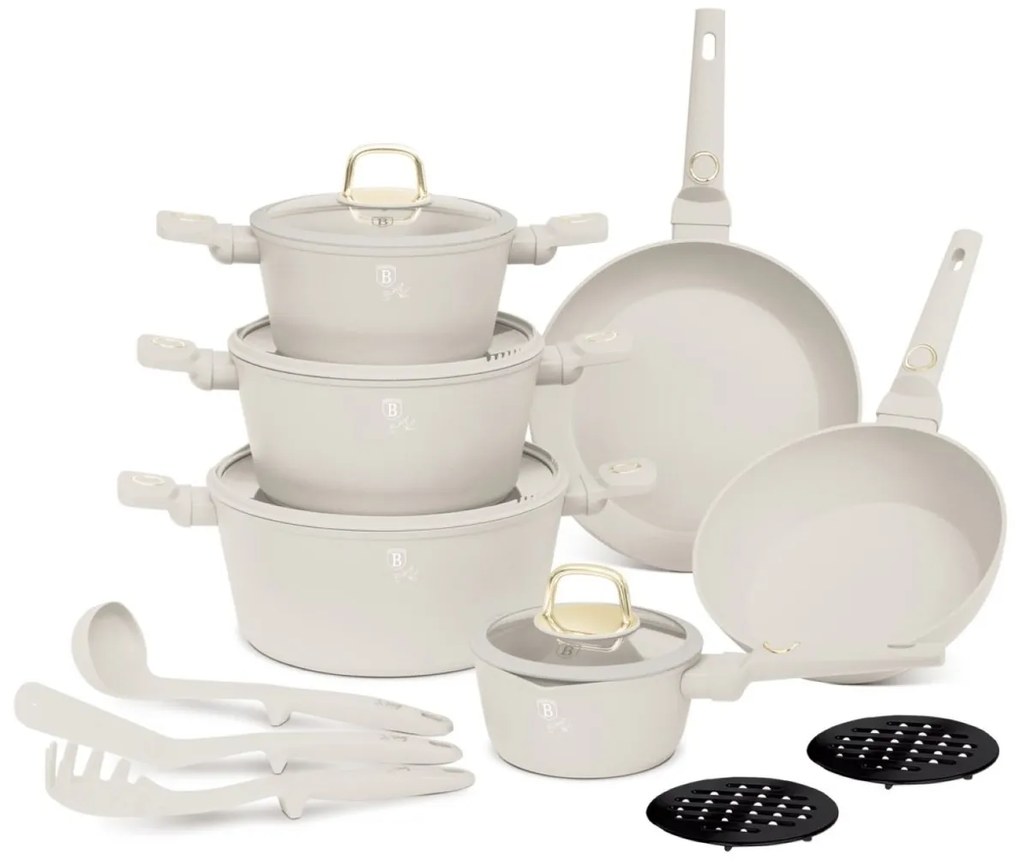 RESIGILAT - Set oale si tigai cu capace 15 piese Sahara Collection Berlinger Haus BH 8081, crem, antiaderente, curatare usoara, inductie, design