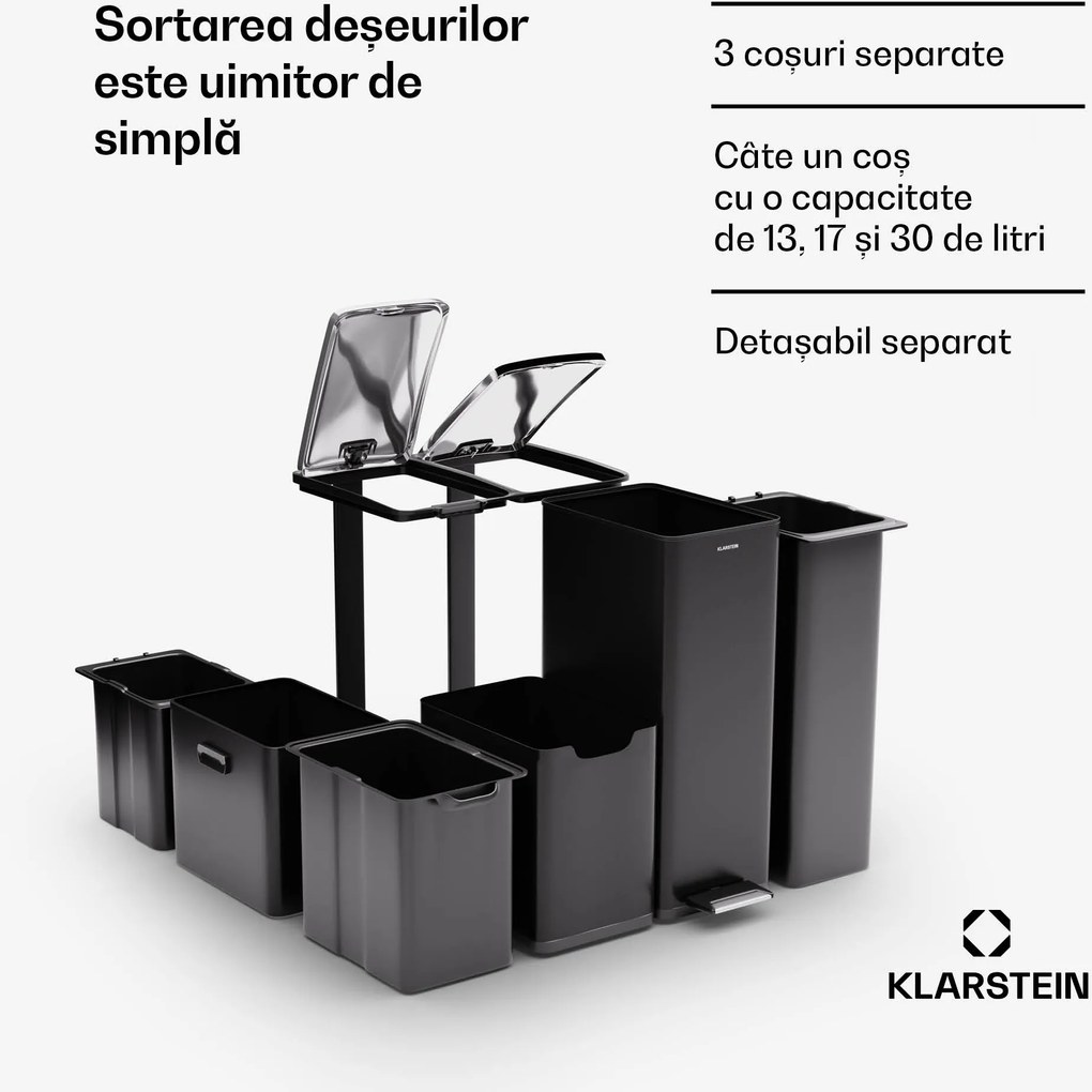 Klarstein Tiyo 3 în 1, coș de gunoi, 60 litri, coș detașabil, închidere ușoară