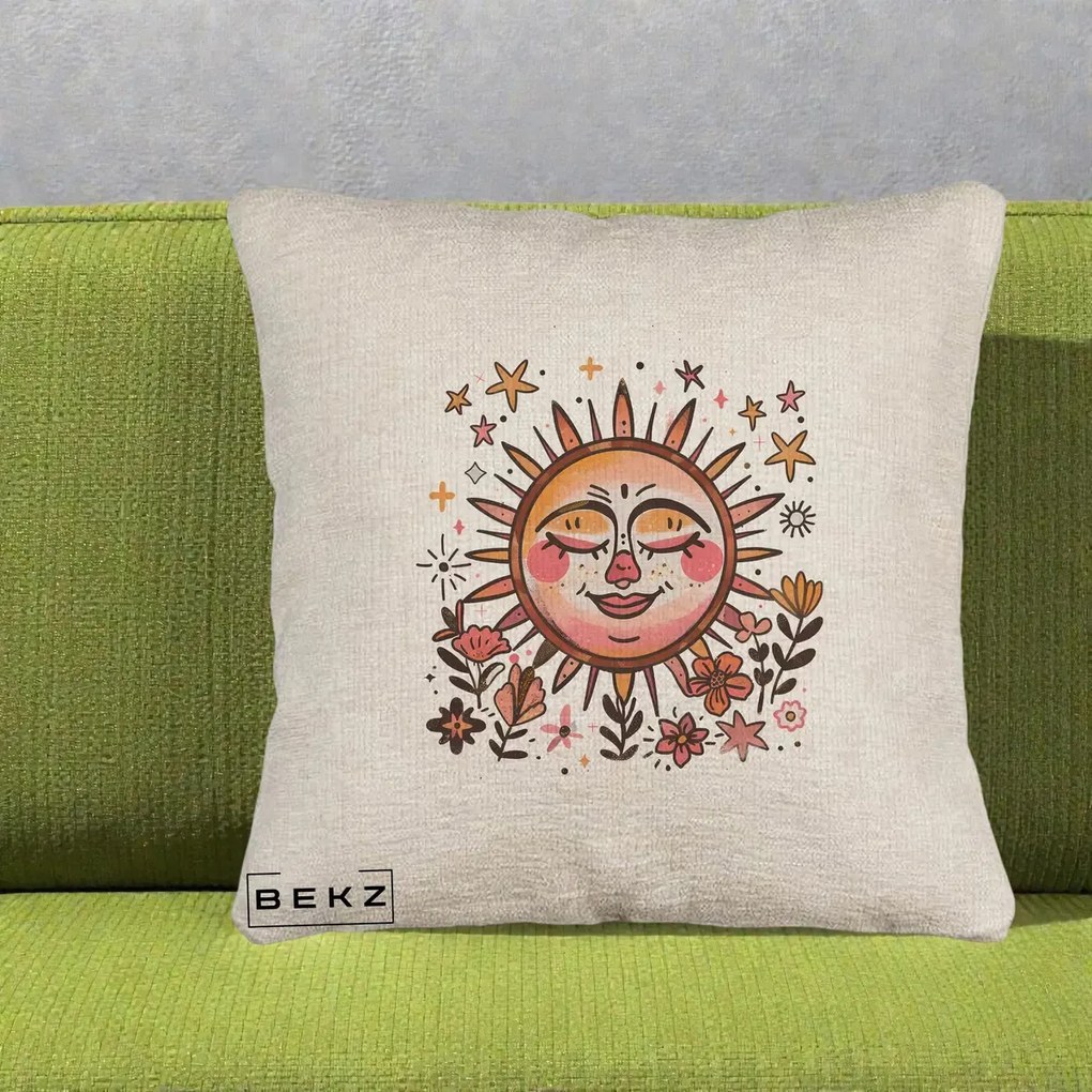 Perna Decorativa Soare Retro Boho Floral, 40x40 cm, Bej Canapea, Husa Detasabila, Perna Inclusa, BEKZ®