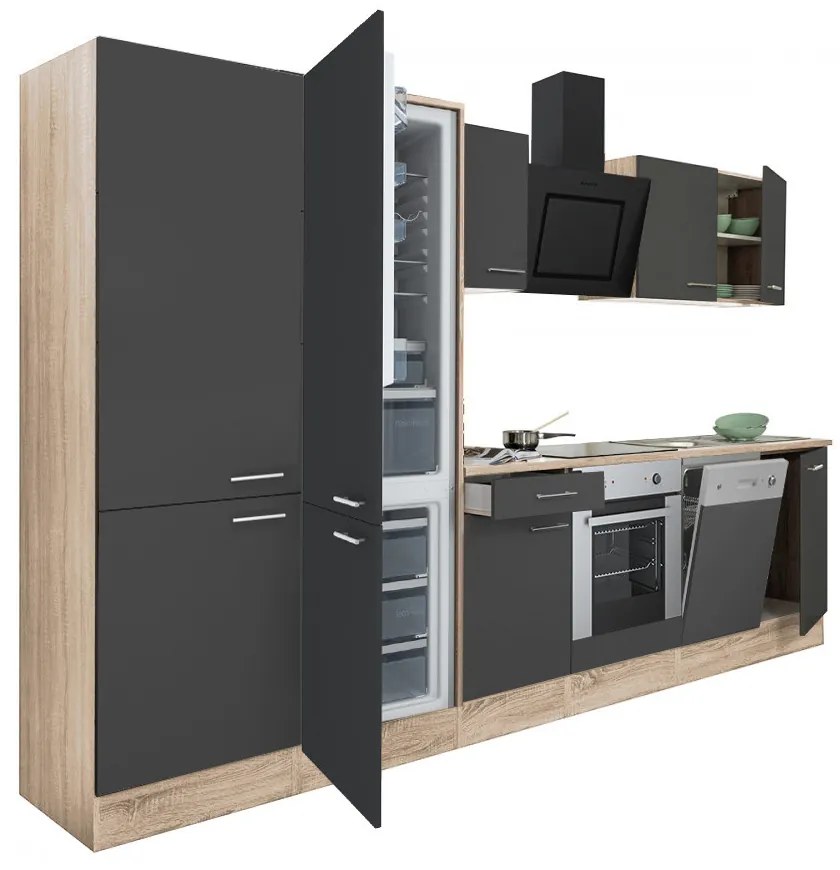 Mobilă de bucătărie Yorki 340, corp din stejar sonoma, față antracit satinat cu element cuptor inferior, dulap cu rafturi și frigider congelator inferior